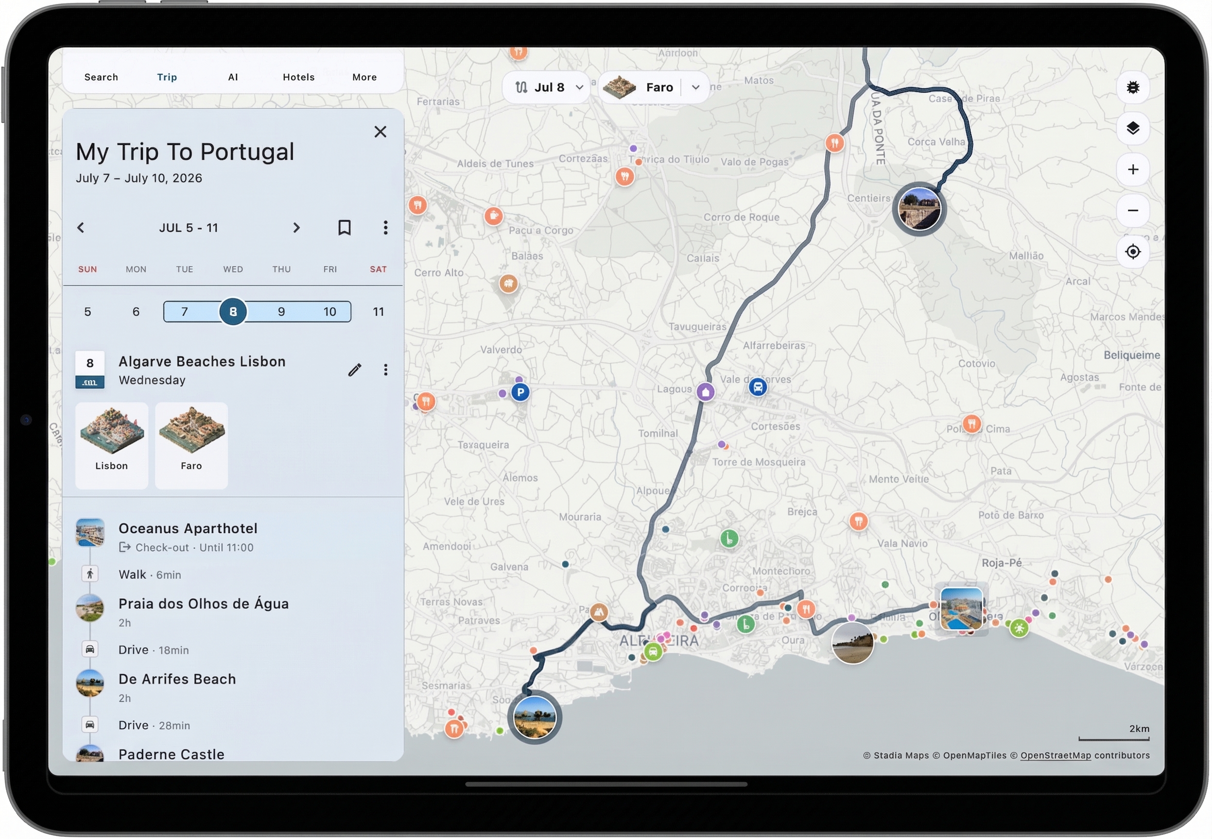 Tripomatic trip planner on tablet